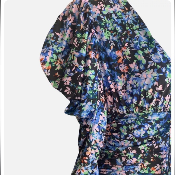 AFRM  Ruched Deep V Neck Floral Stretch Mini Dress Puff Sleeve - Picture 5 of 5